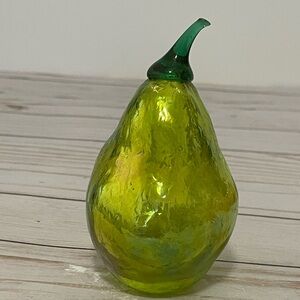 Iridescent 4.5" Green Pear Fruit Blown Art Glass Applied Stem